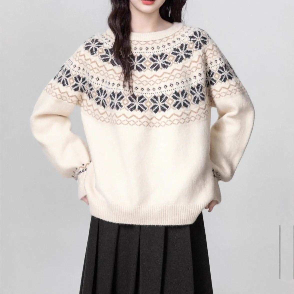 Women's Milky White vintage Fair Isle geometric knit pullover sweater on a hanger.