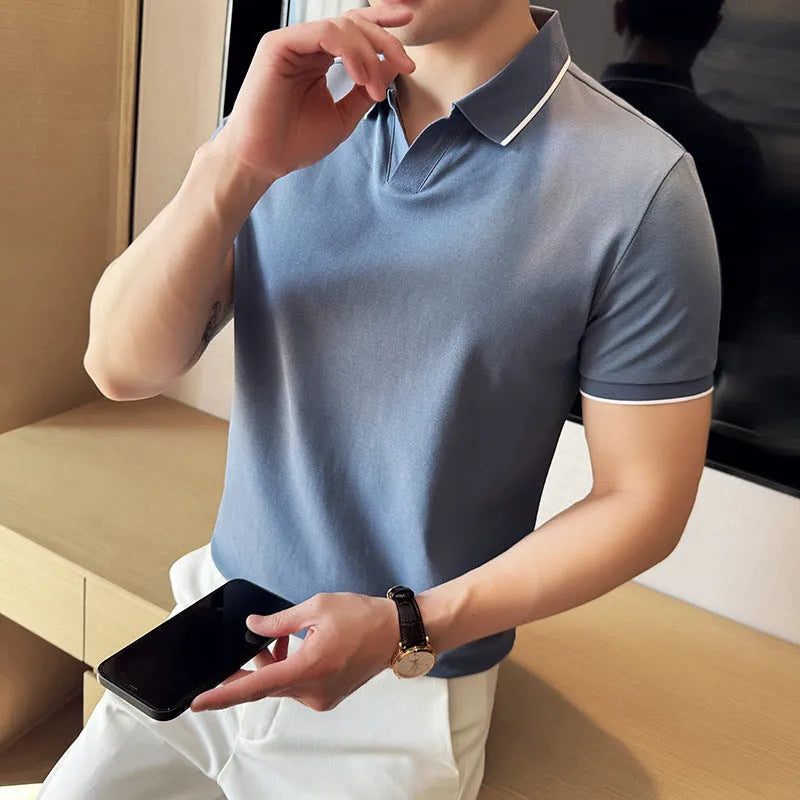 Men's short sleeve polo shirt with lapel collar in cotton blend fabric