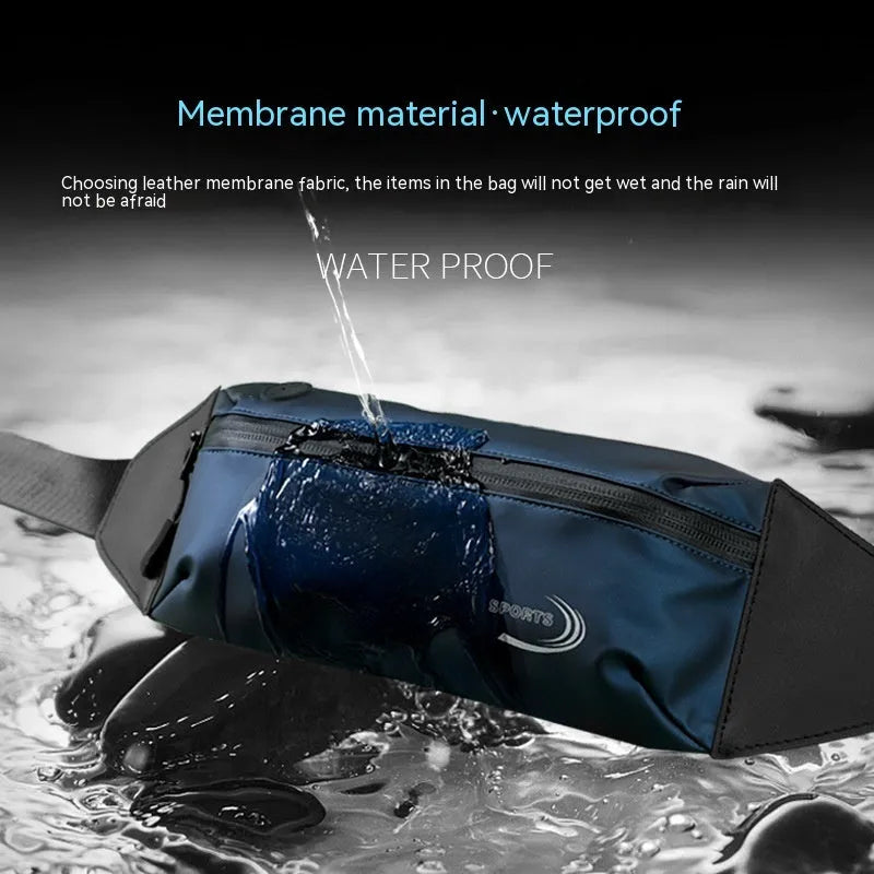 Men's black waterproof sports waist bag with bungee cord waistband on a grey background