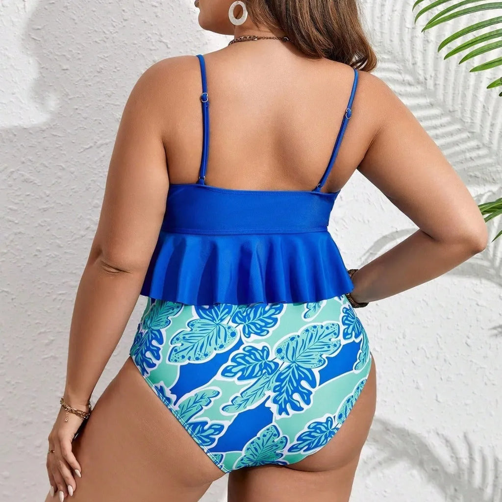 Blue polyester women's bikini set with split style briefs in extended sizes