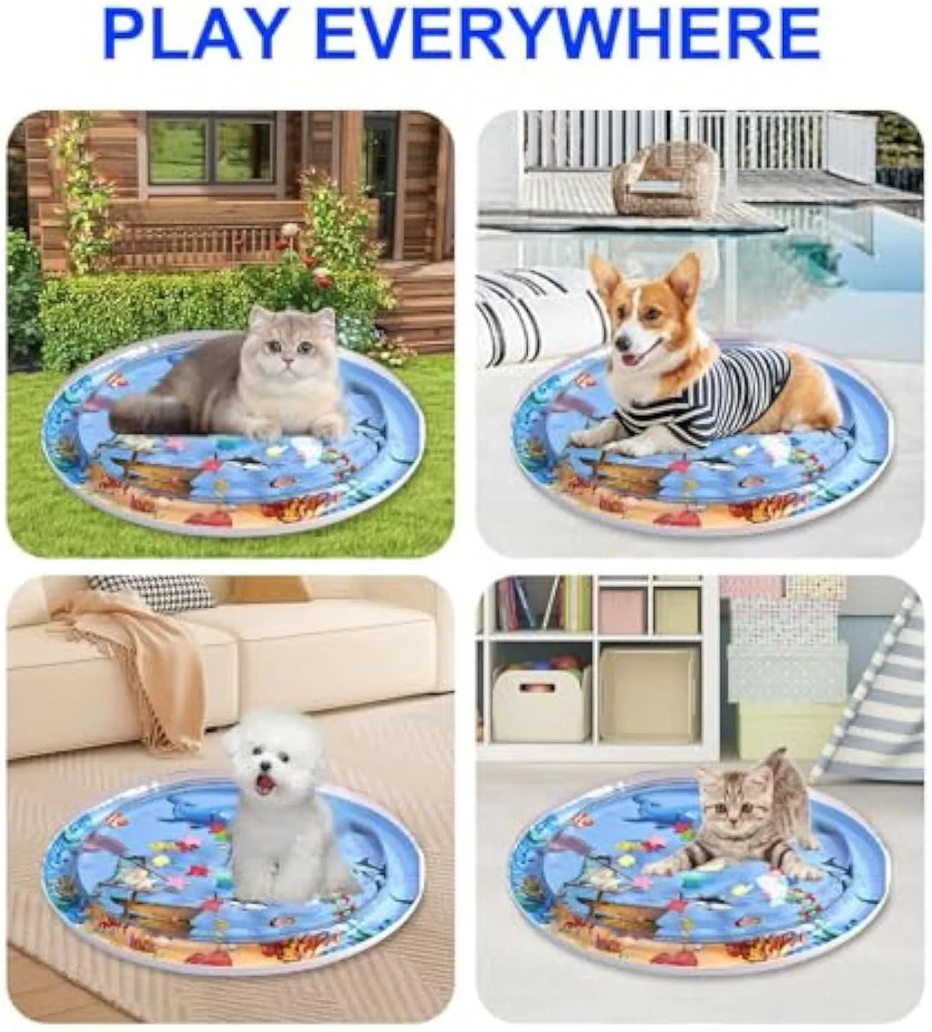 Blue circular cat water playmat on floor, showing ocean fish design and floating fish toys inside.