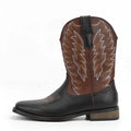 Men's black square toe western-style motorcycle boots with embroidery detail on artificial leather upper.