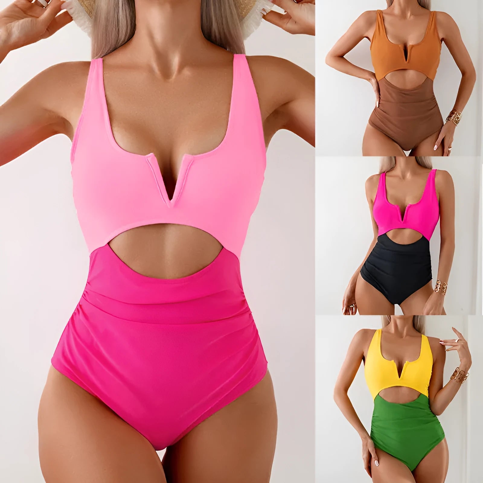 Women's one-piece swimsuit with contrast colour-block pattern in nylon fabric