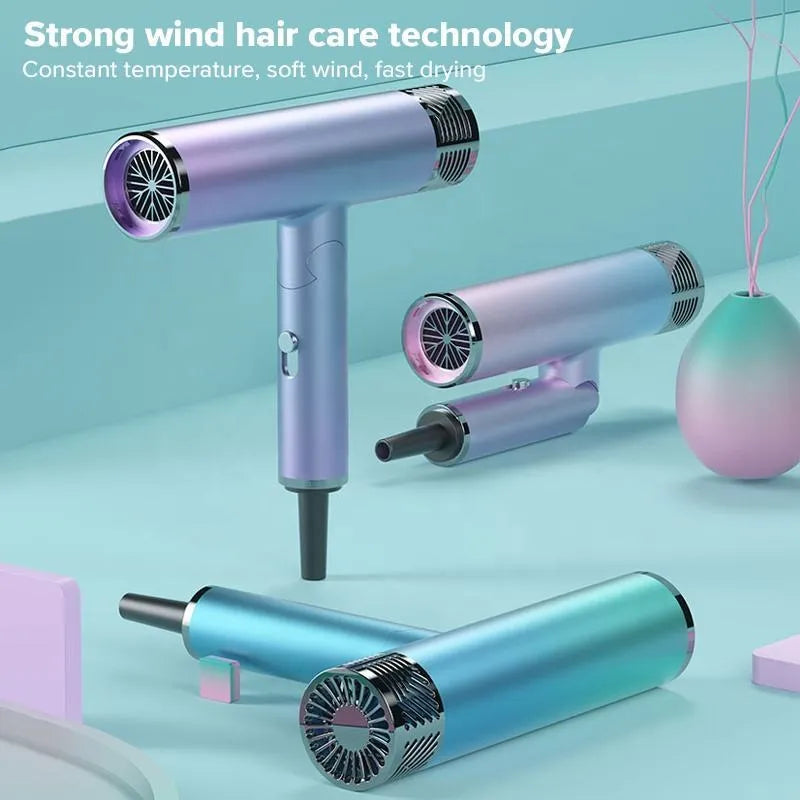 Foldable 1300W negative ion hair dryer in green or purple, 25 x 11.5 x 7 cm, with folding handle and US plug.