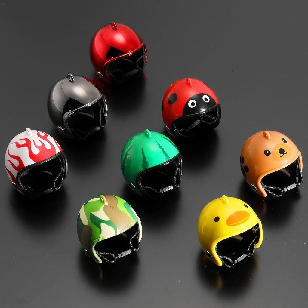 Small hard plastic pet helmet with elastic straps, shown on a chicken.