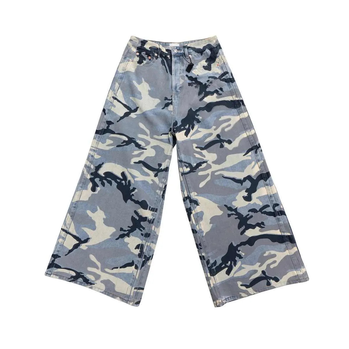 Snow camouflage blue loose fit jeans with micro-elastic stretch in cotton denim