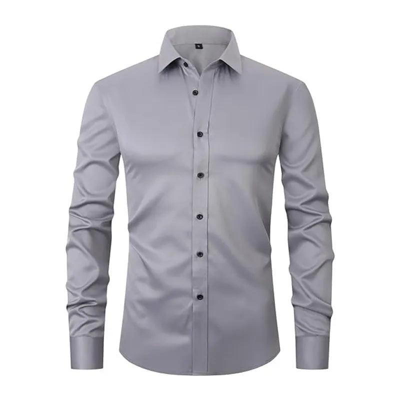 Men's stretch long sleeve work shirt in polyester fabric, shown in a light colour on a hanger.