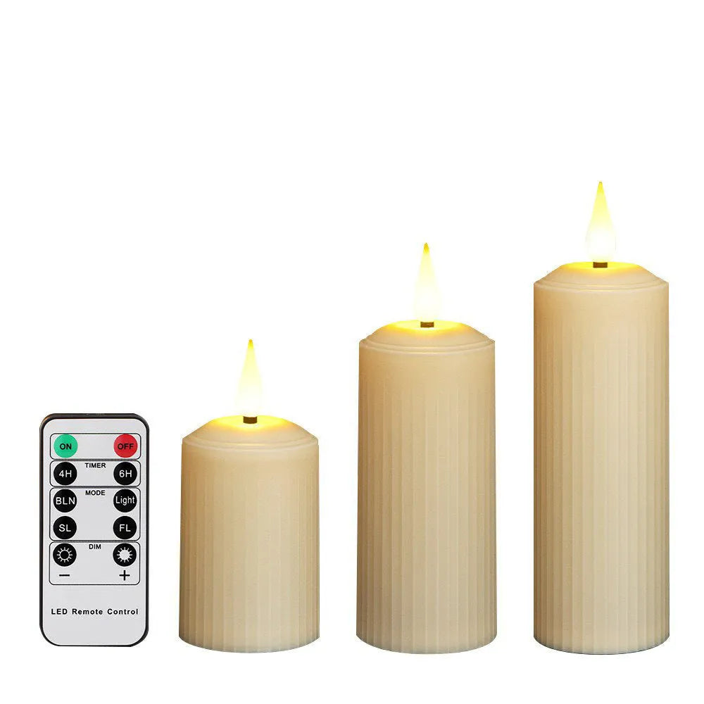 Beige ABS electronic candle lamp set with water droplet head, USB charging, remote control, and three candles, 19.2 x 17.6 x 5.3 cm