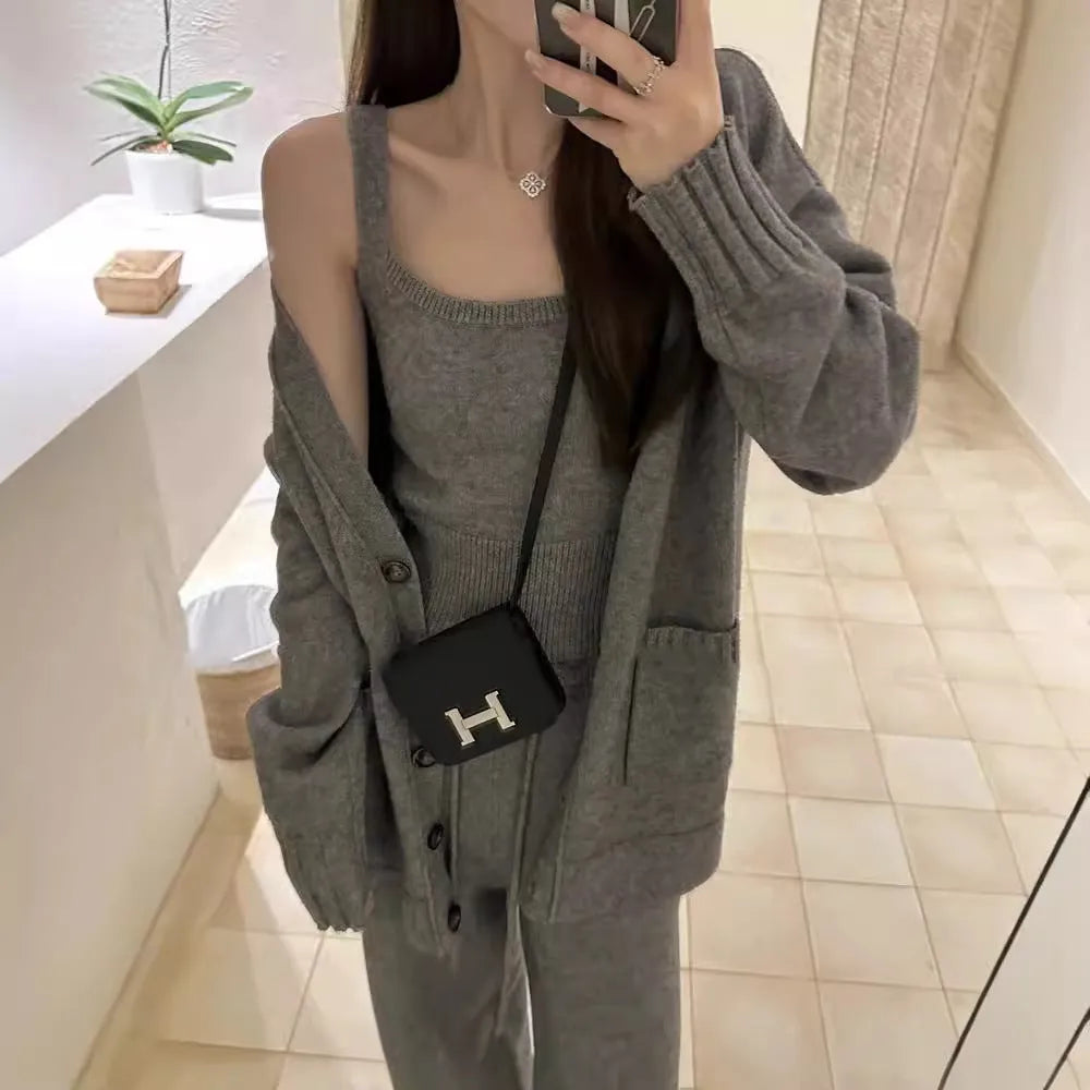 Women's wool blend cardigan suspender pants three-piece set in loose casual style