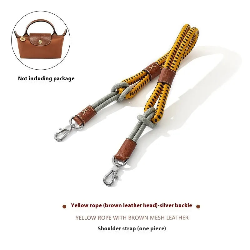 Braided nylon rope shoulder strap with cowhide leather accents and an alloy buckle.