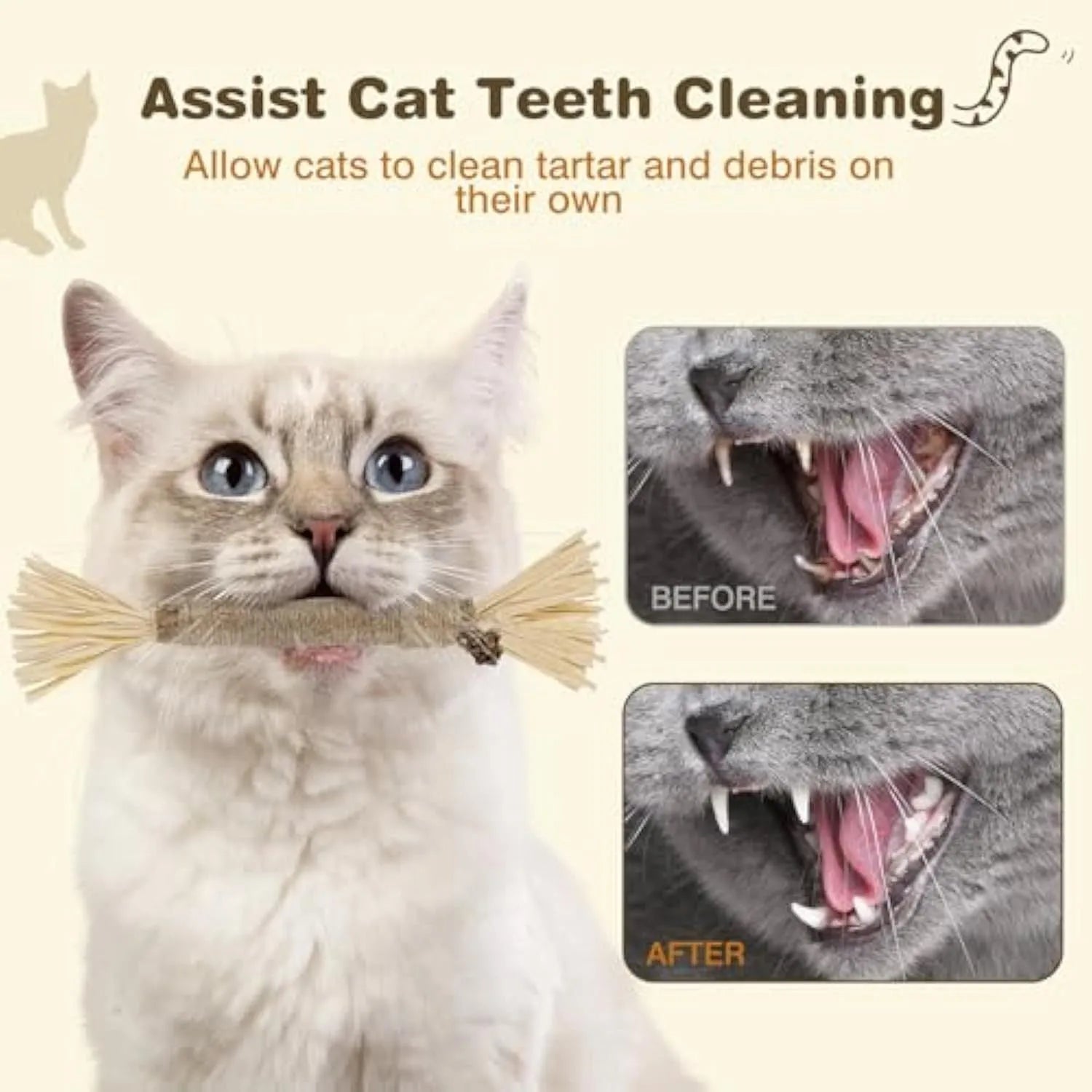 Three natural silvervine chew sticks for cats with sisal rope and raffia dental toy