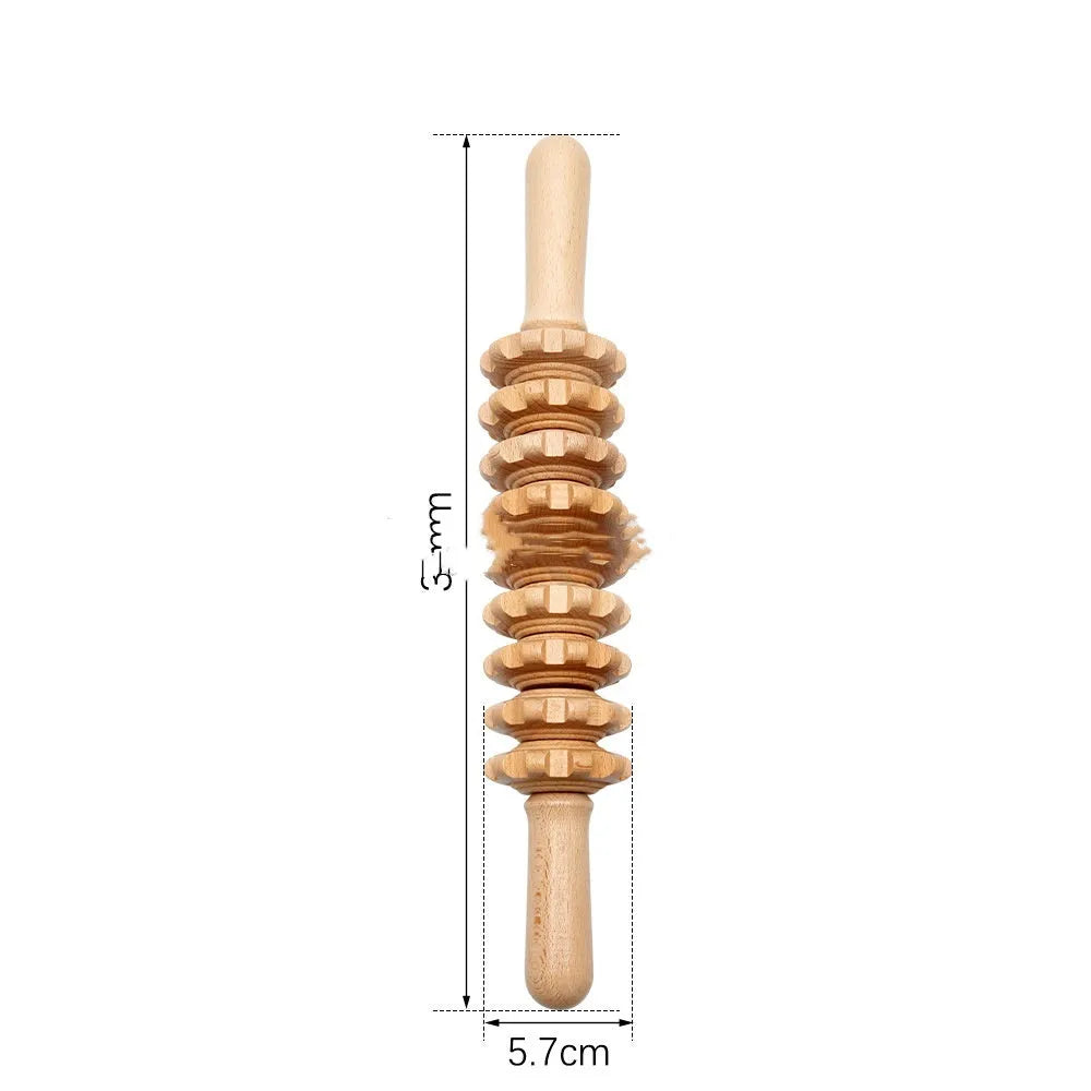 Natural beech wood massage roller set showing T-shaped roller, straight wheel and curved wheel pieces