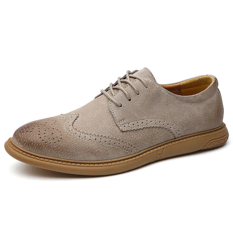 Men's genuine leather low-top business shoes in black with retro lace-up design and a rubber sole.