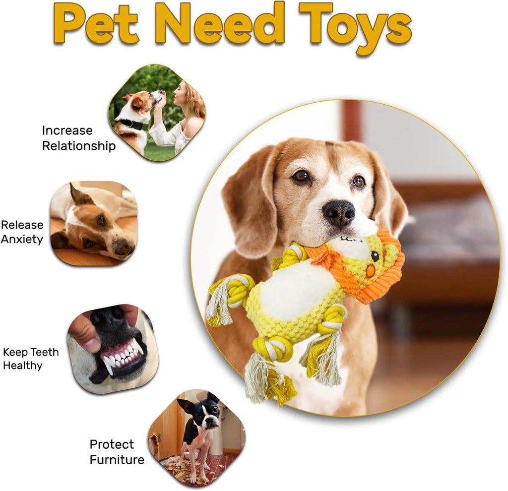 Two stuffed squeaky dog toys: a yellow lion and a brown monkey plush toy on a white background.