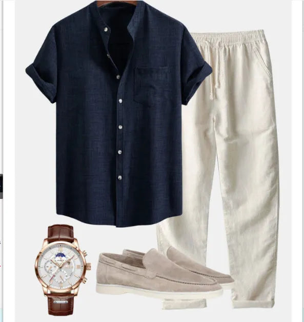Men's blue slim-fit stand collar short-sleeved shirt with 3D digital printing, paired with trousers and shoes from the coordinated set.