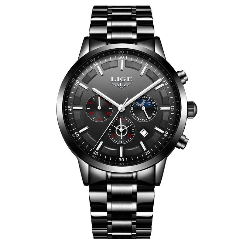 Men's black and rose red gold waterproof quartz sports watch with business styling and 12mm case