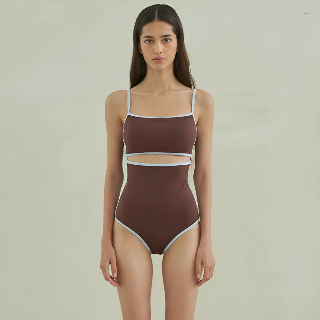 Brown women's one-piece triangle swimsuit made from nylon fabric on a mannequin.