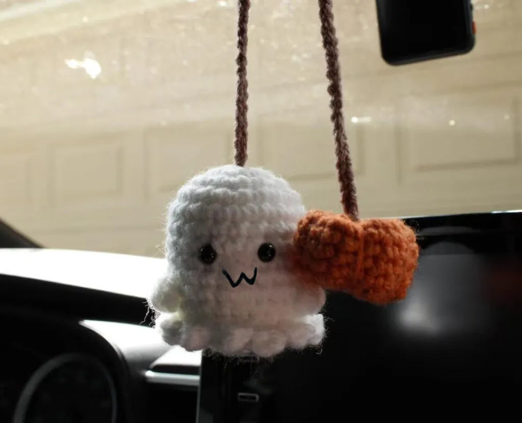 Polyester plush hand-woven cartoon automobile hanging ornament showing Halloween bat and ghost designs.
