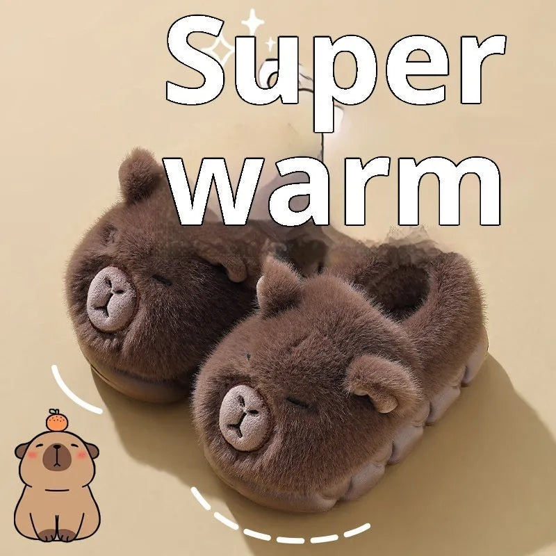 Kappabala children's winter cotton heel house slippers in light coffee colour with cartoon pattern and EVA sole