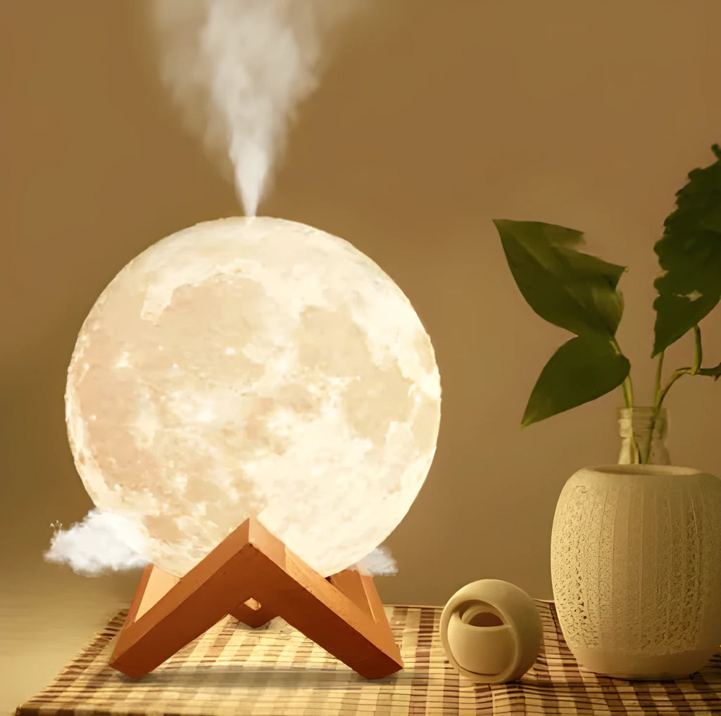 Lunar humidifier night light with 880ml water tank and touch dimming LED in three colours