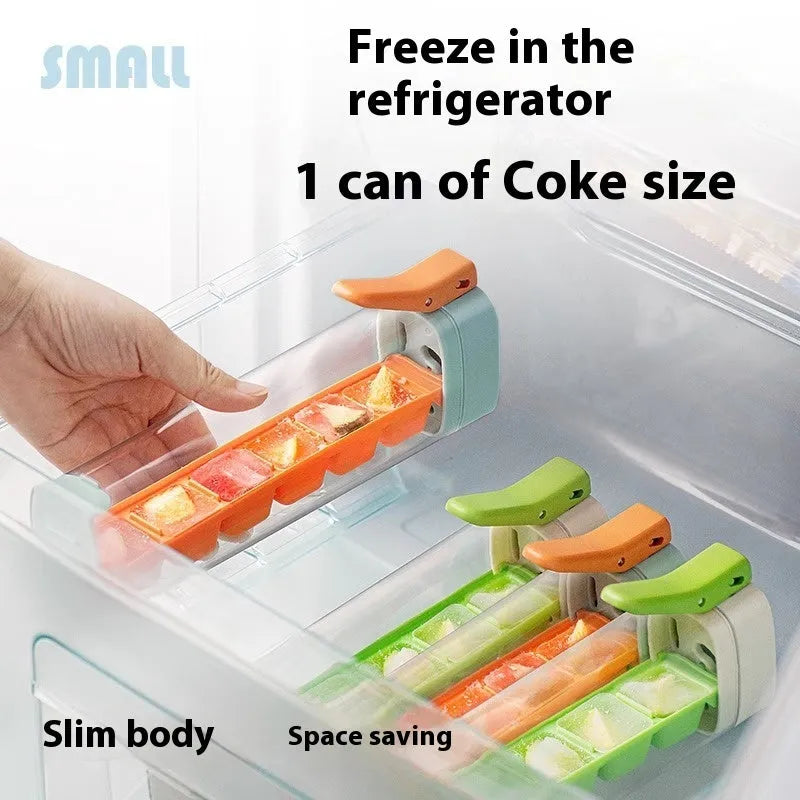 Flexible ice cube tray in Maldives colour with one-touch release and storage box on white surface
