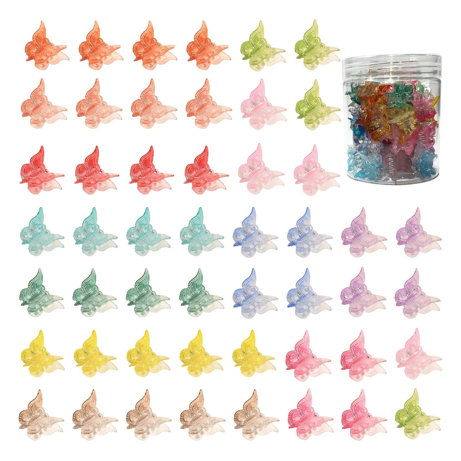 Set of glitter butterfly hair claw clips in assorted colours showing miniature size