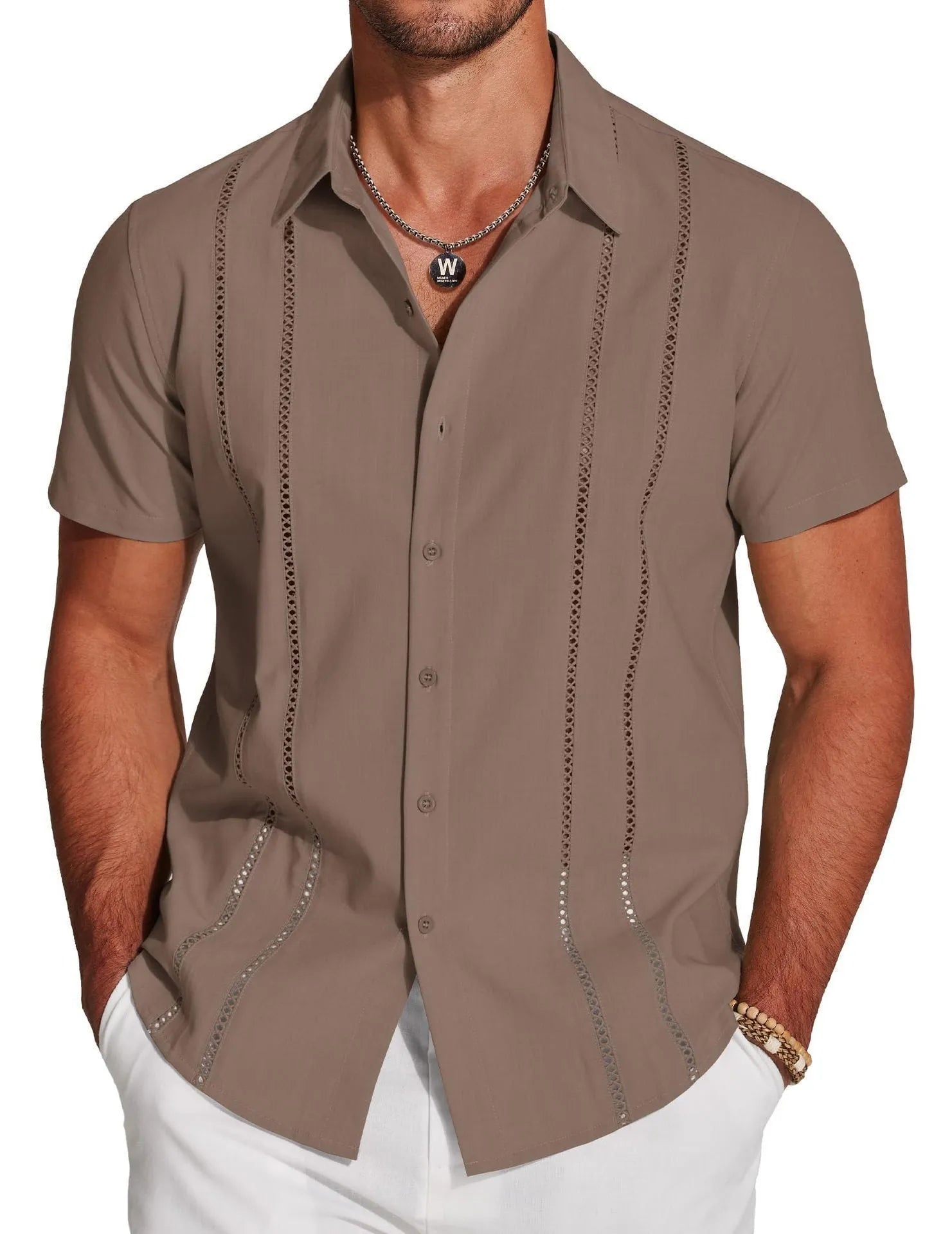Men's slim fit short sleeve Hawaiian shirt with digital print pattern on stretch polyester fabric.