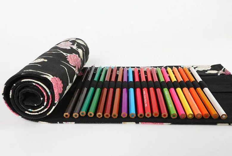 Canvas rolling pencil case with ballet girl print showing multiple pencil holes
