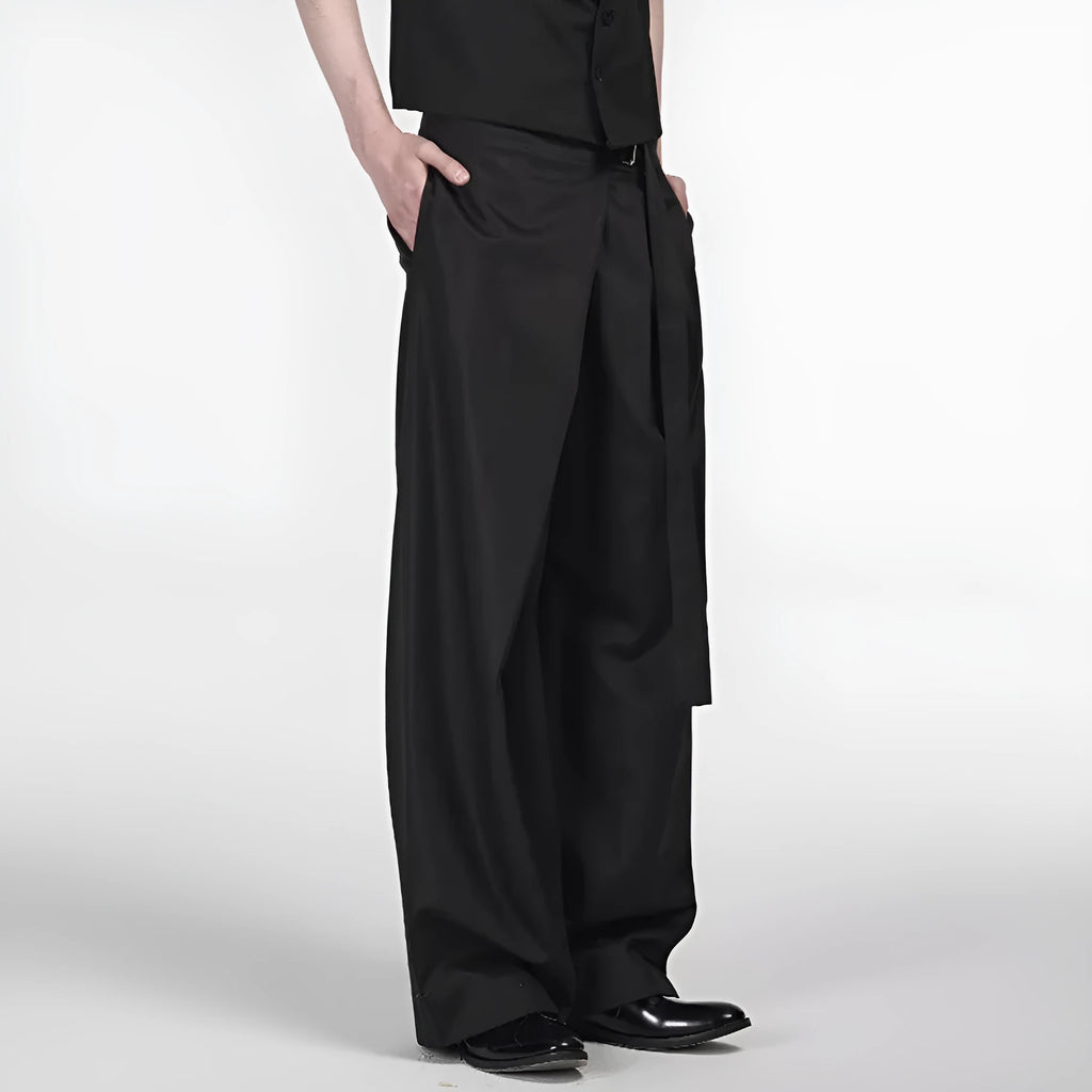 Black straight-leg trousers with adjustable waistband and single pleated front detail