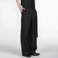 Black straight-leg trousers with adjustable waistband and single pleated front detail