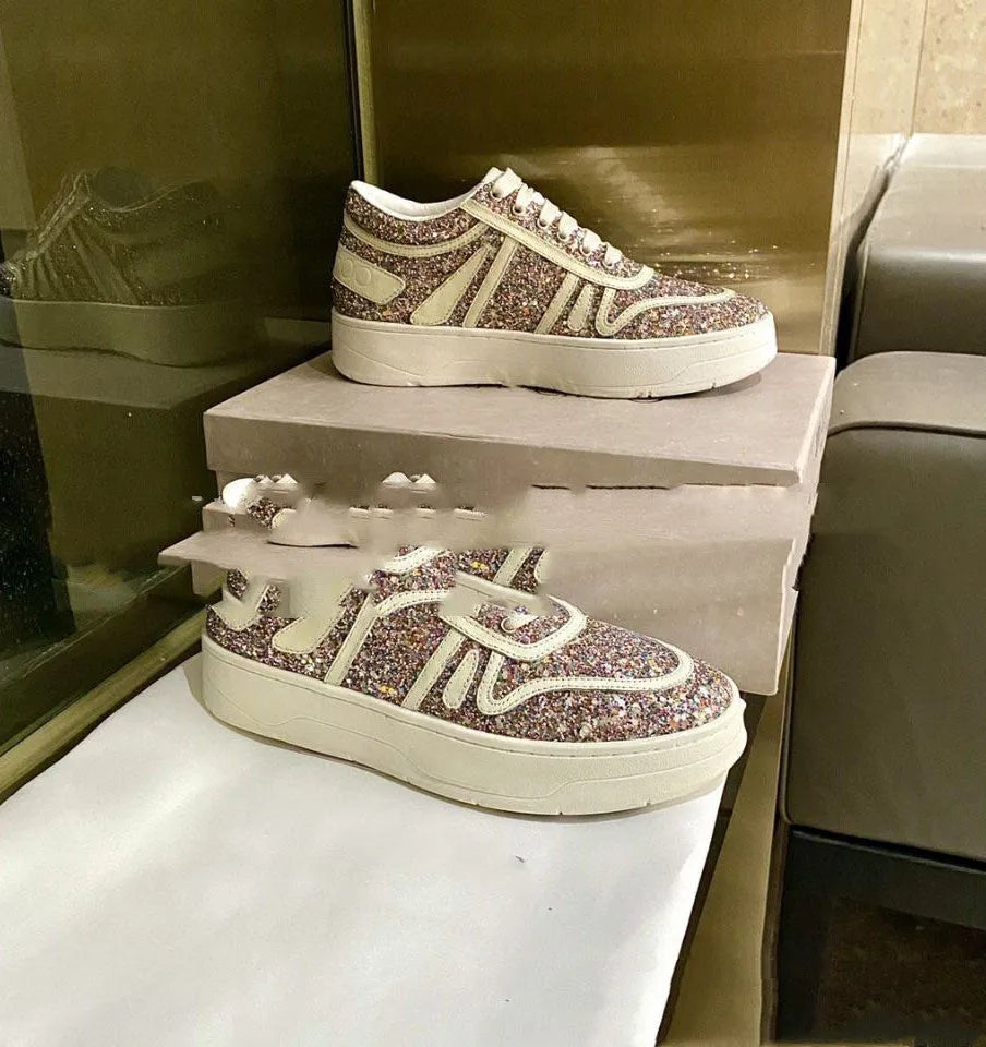 Pearl sequin lace-up platform casual white shoes with cowhide upper and breathable design