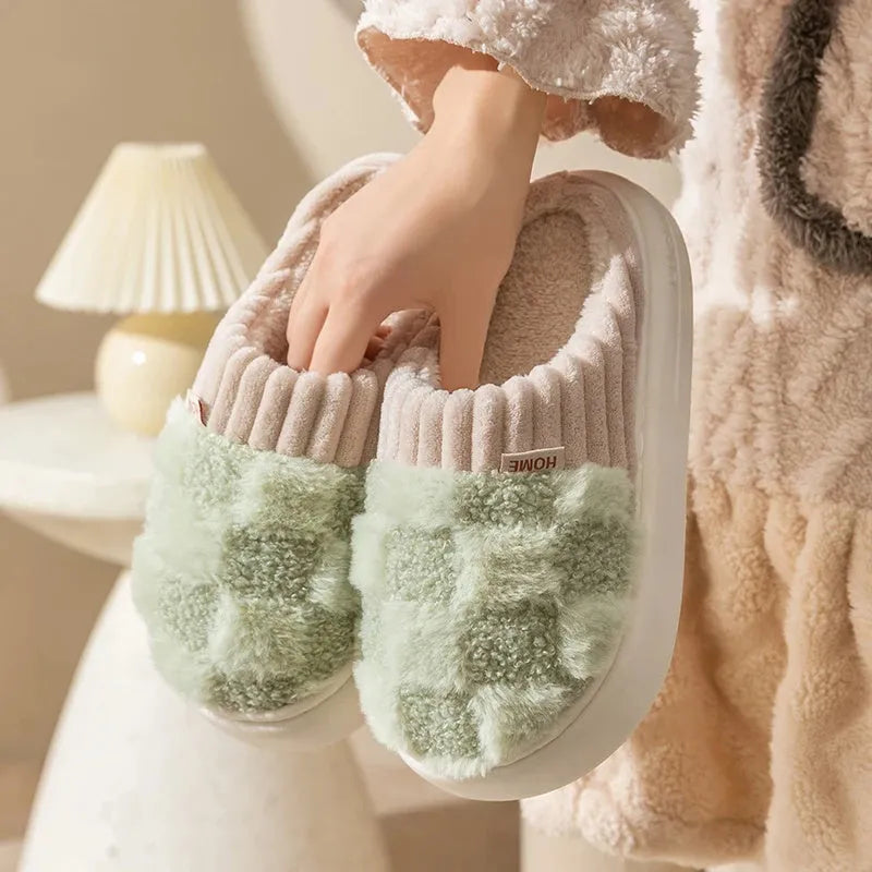 Women's plush house slippers in multiple colours with non-slip soles for indoor autumn and winter wear