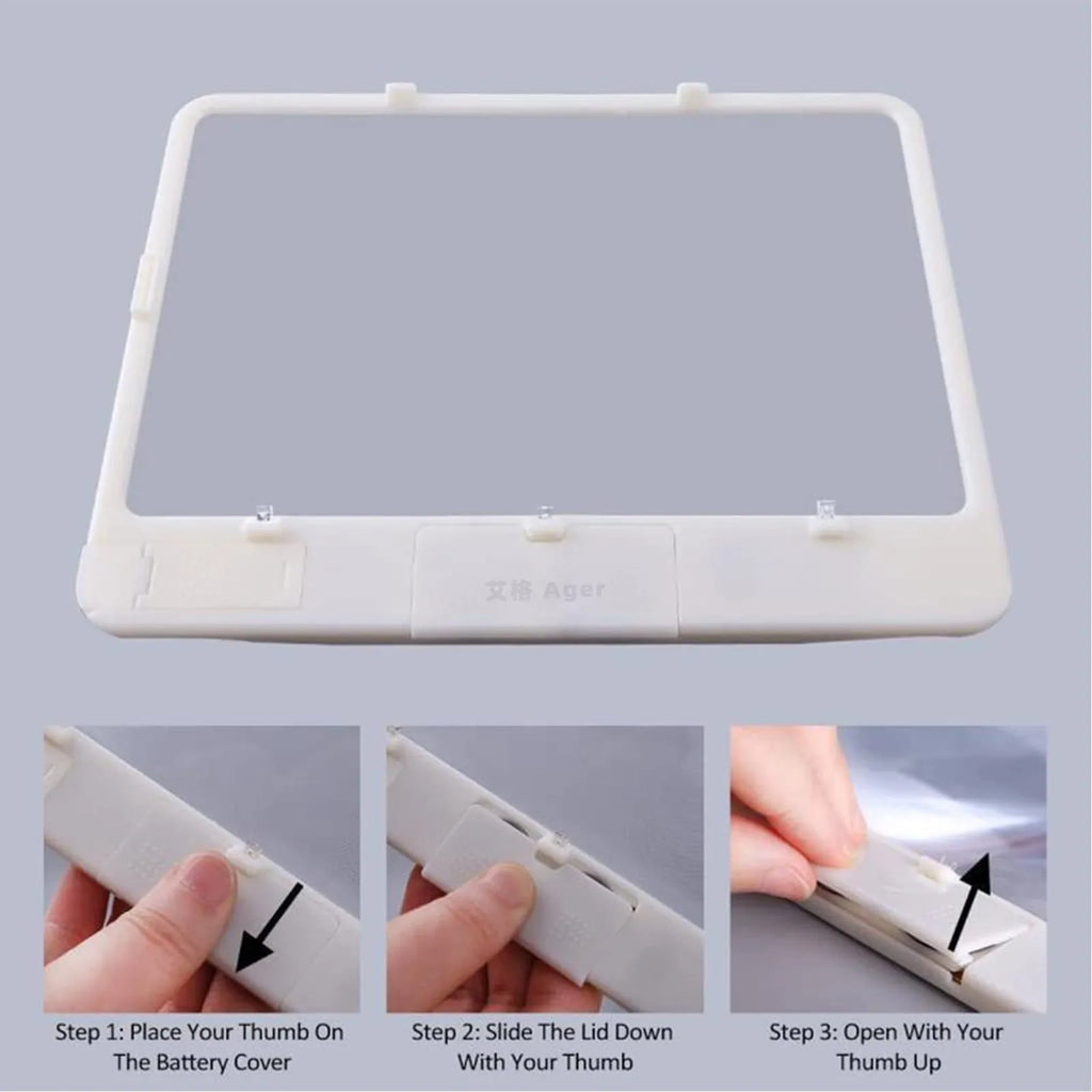 Black handheld magnifying glass with 3 LED lights and 180x140mm PVC lens for 3X magnification reading