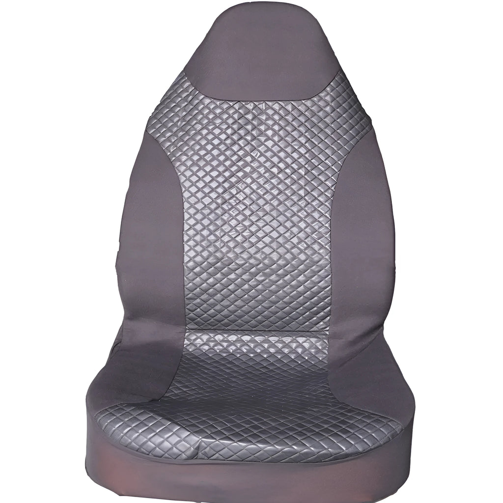 Black quilted automotive seat cover made of PU and polyester fabric on a car seat.