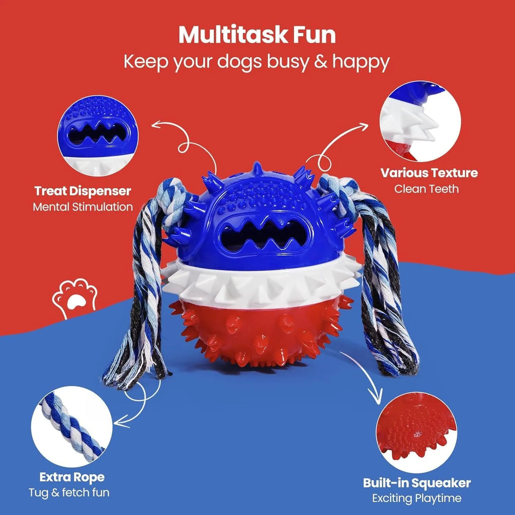 Blue and red TPR rubber dog chew toy with treat dispenser for aggressive chewers