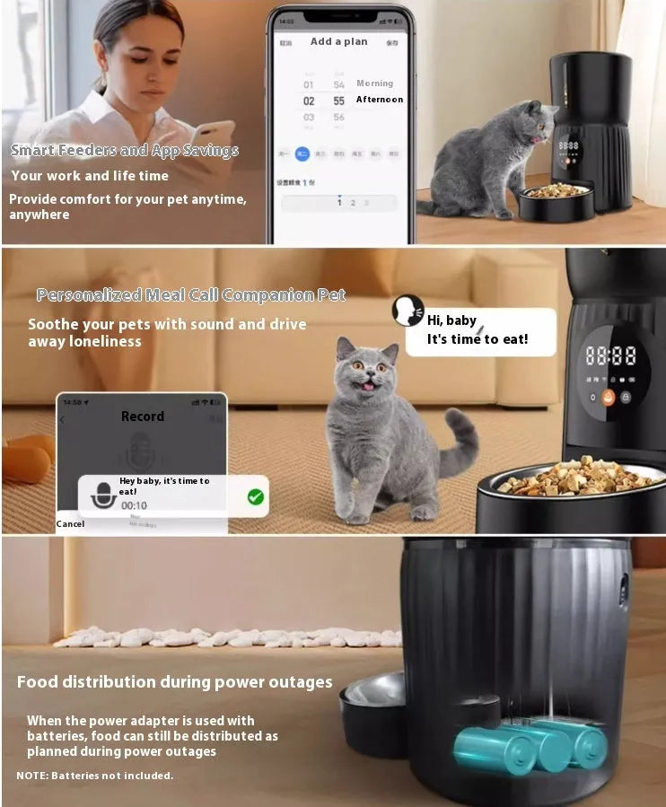 Black automatic pet feeder with digital timer display and remote control on a table.