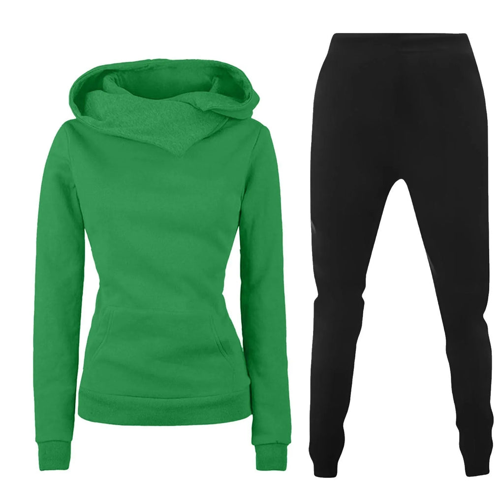 Ladies hooded sweater two-piece set in solid colour with long sleeves and jogger pants