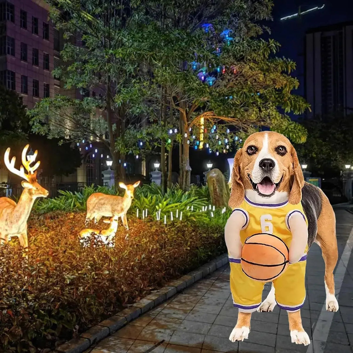 Dog basketball player costume in red or yellow with padded arms and toy basketball, S M L sizes