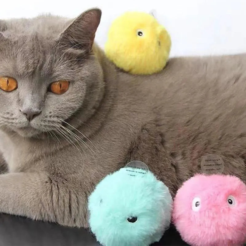 Interactive cat toy ball in blue, pink, or yellow with 55mm diameter and animal sound activation