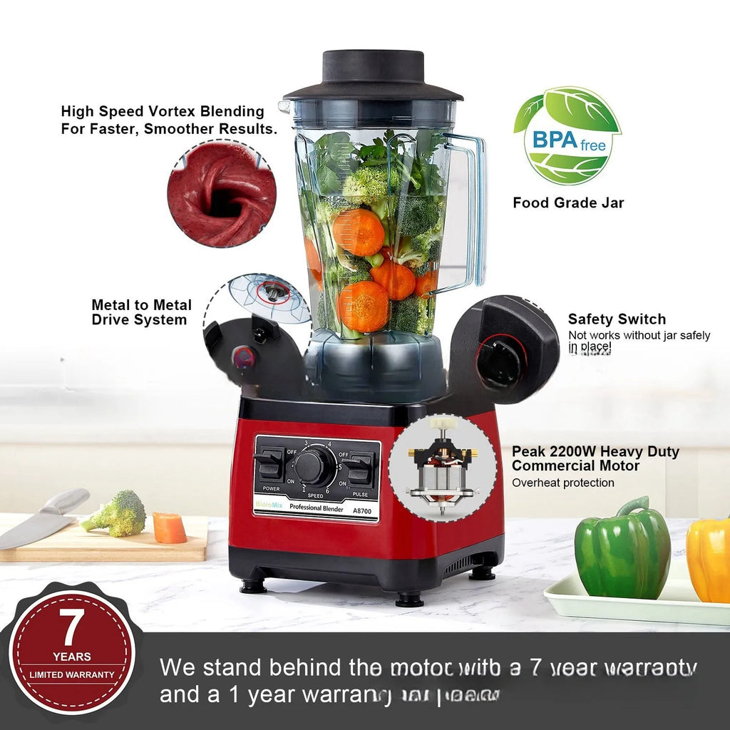 Red commercial blender model A8700 with 2200W power and 2L capacity jug