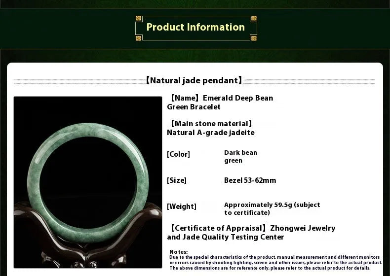 Natural deep pea green jade bangle bracelet for women on a gift box.
