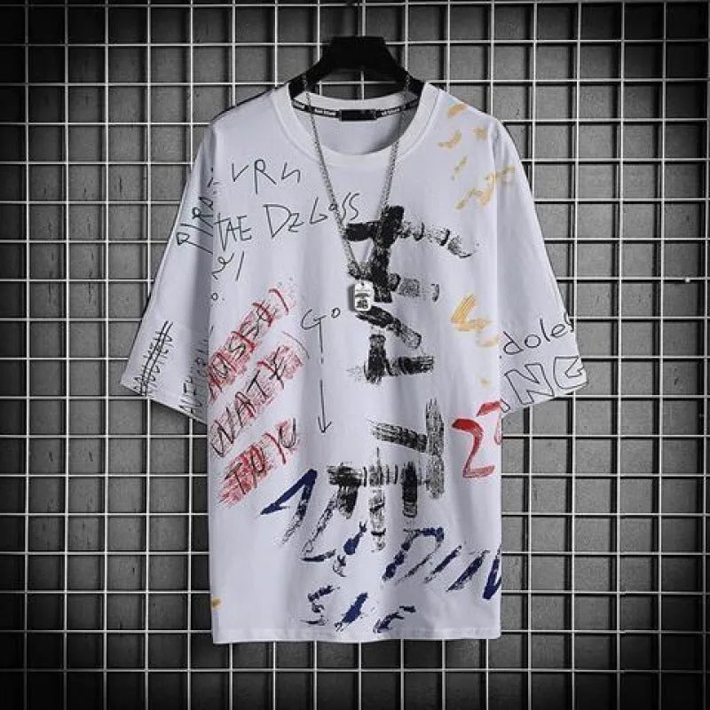 Men's loose fit hip hop polyester printed short sleeve t-shirt with graffiti design in black and white