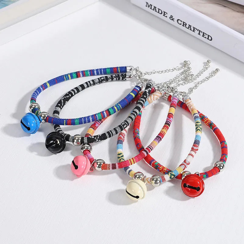 Ethnic pattern adjustable pet collar with bell in multiple colour options for dogs and cats