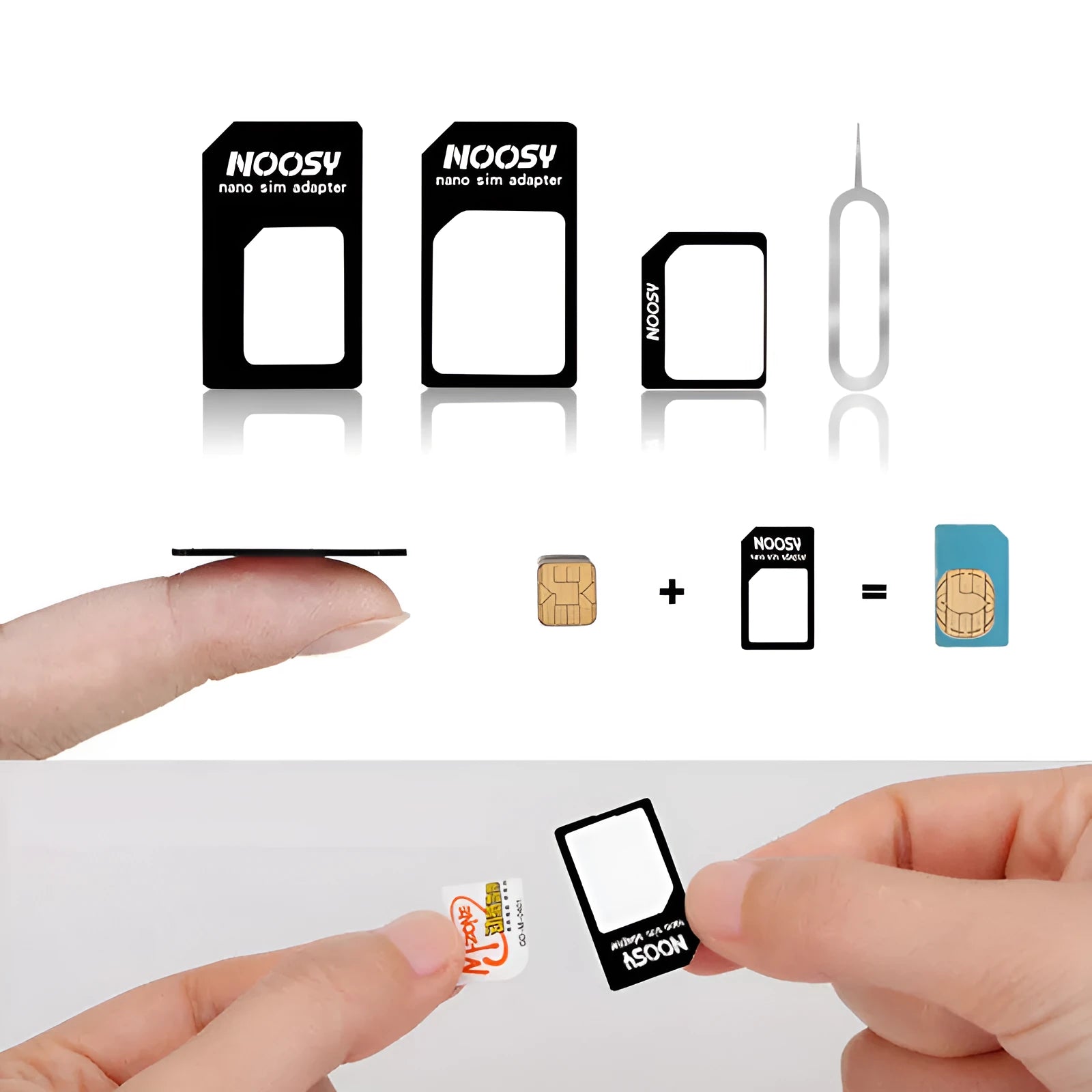 SIM Restore four-in-one adapter set with Nano to Micro and Standard converters plus SIM card ejector pin