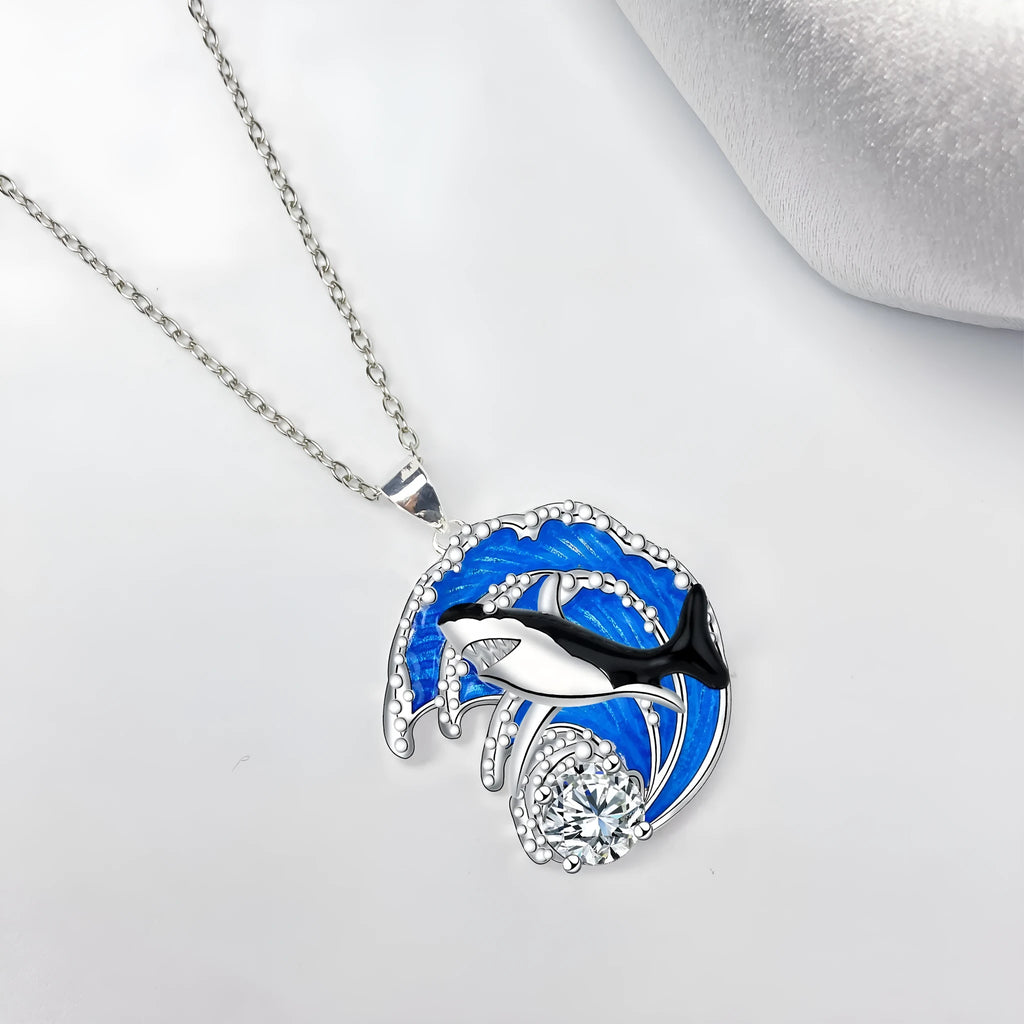 Silver tone shark pendant necklace on cross chain with adjustable 41-50cm length