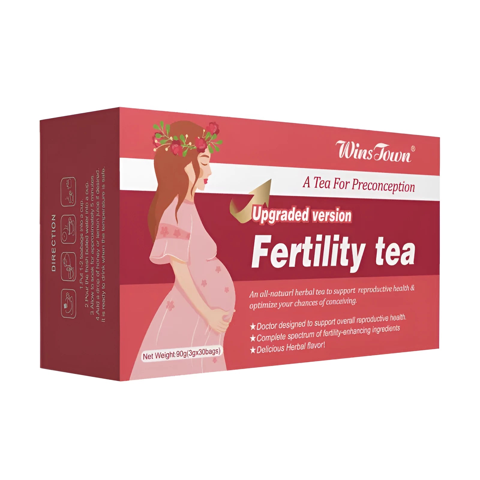 Box of fertility tea containing 3 packs with 30 tea bags each, totalling 330 bags