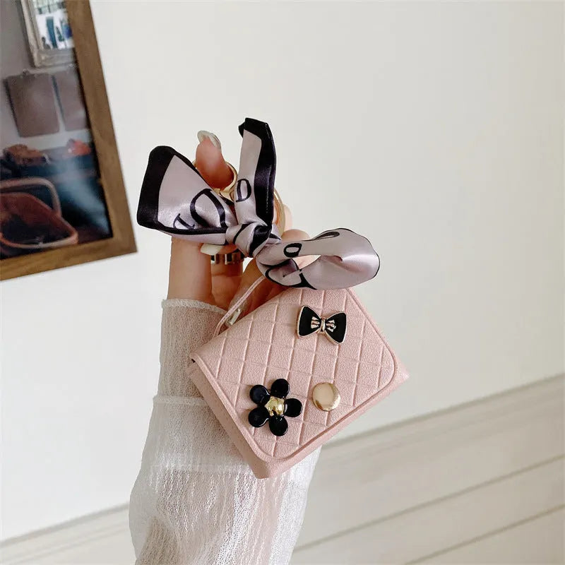 Simulated leather earphone bag for AirPods Universal in pink silk scarf design with soft shell finish