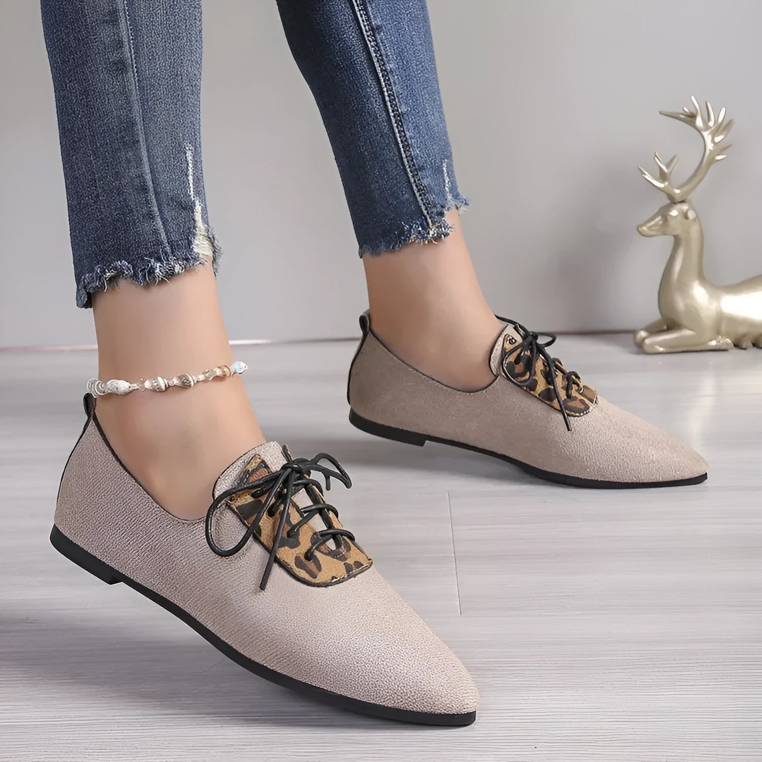 Plus size women's pointed toe leopard print pumps in beige with rubber sole