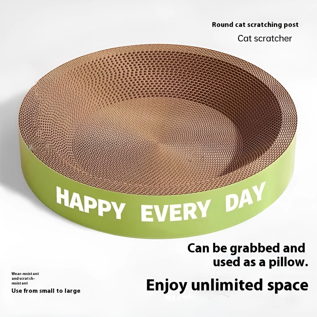 Green circular cat scratching board nest bed showing combined scratching surface and resting area