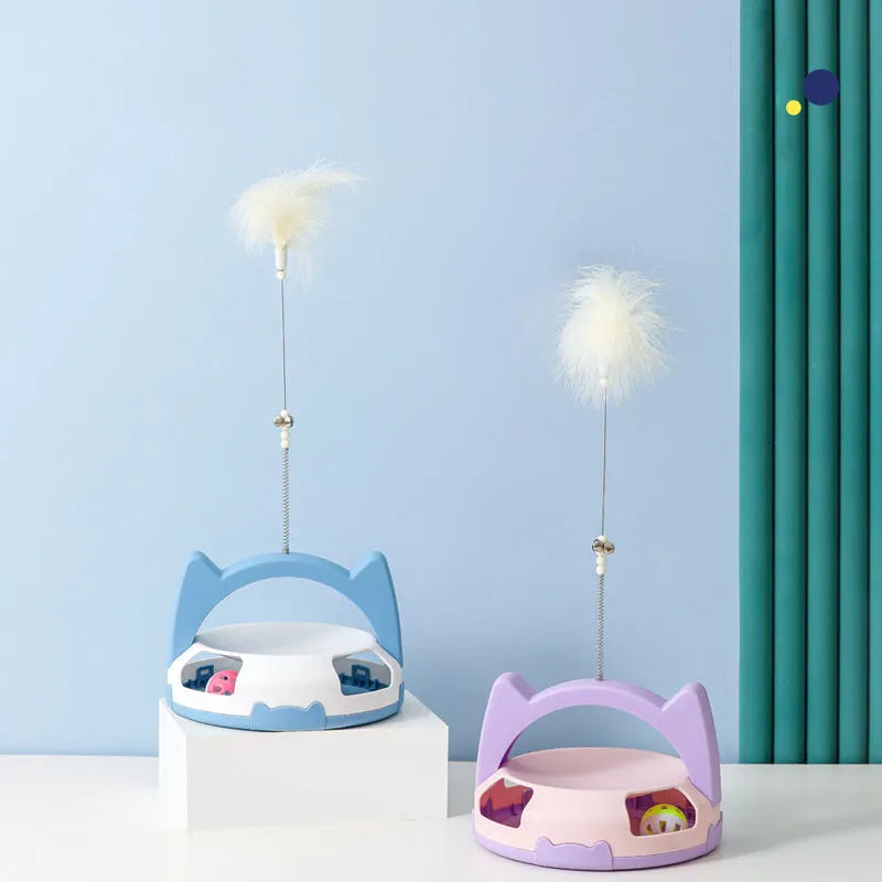 Bite-resistant plastic cat toy stick with a spinning ball on a flexible wire, shown in assorted colours.